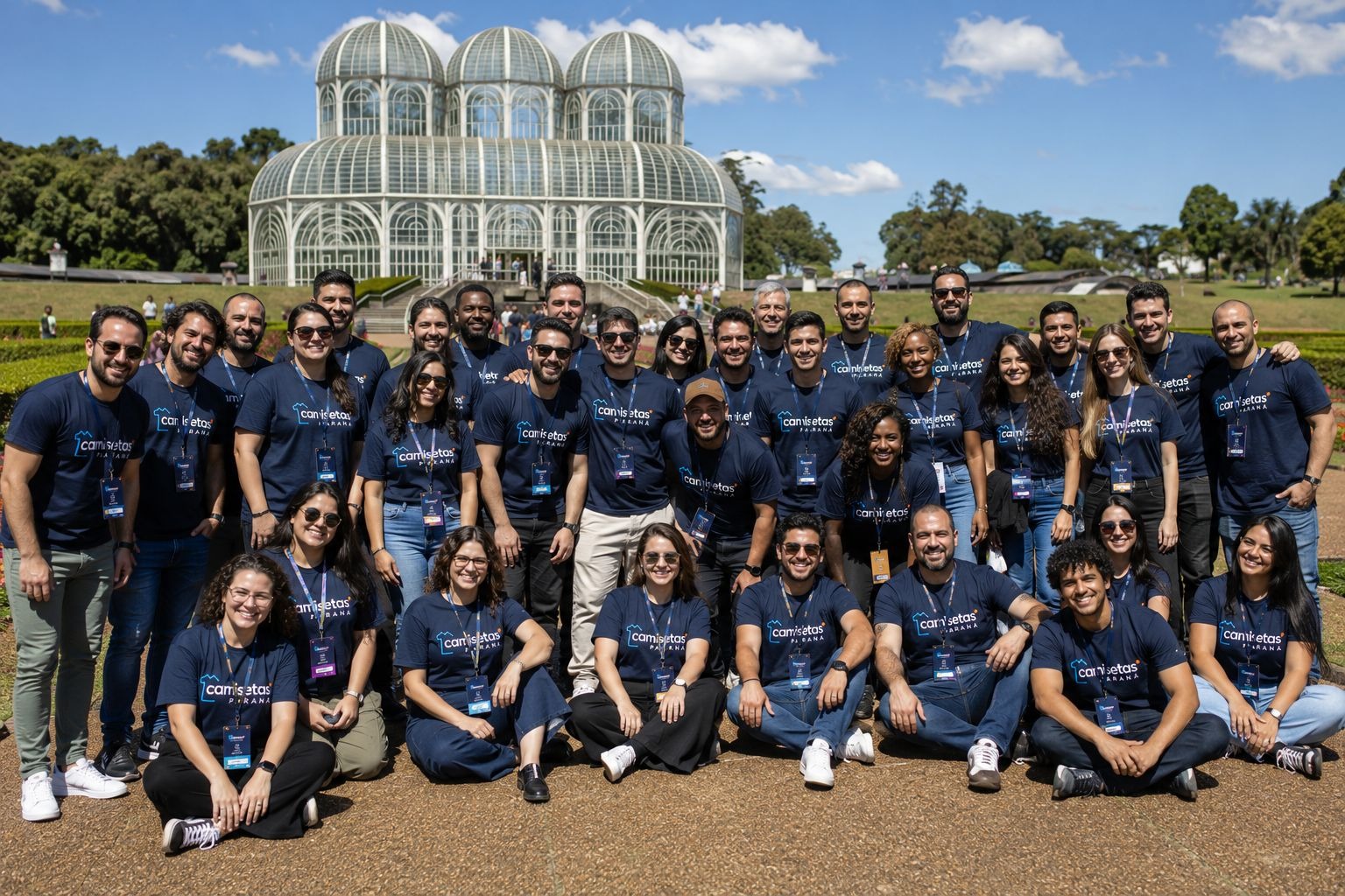 Equipe da Camisetas Paraná no Jardim Botânico de Curitiba — empresa familiar desde 1997