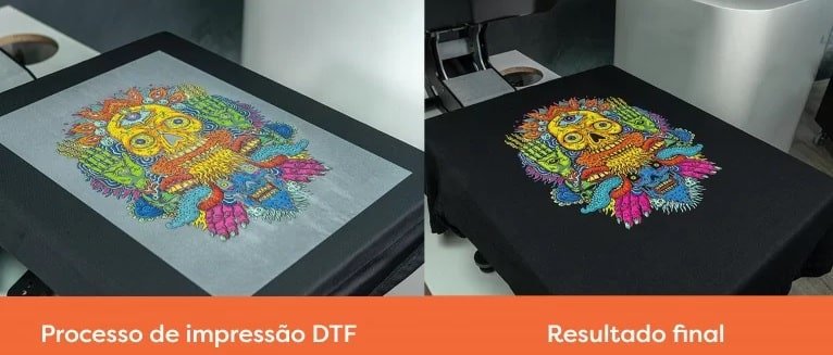 processo de impressão DTF e resultado final na camiseta preta